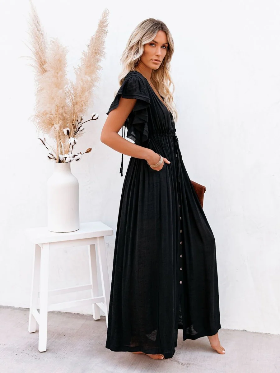 Bamboo-joint Fabric Button Waist Rope Long Cardigan Vacation Beach Jacket Sun Protection Long Skirt Bikini Cover-up - Image 12