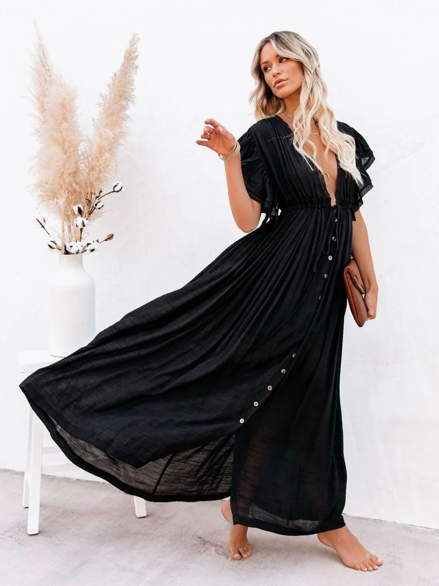 Bamboo-joint Fabric Button Waist Rope Long Cardigan Vacation Beach Jacket Sun Protection Long Skirt Bikini Cover-up - Image 15