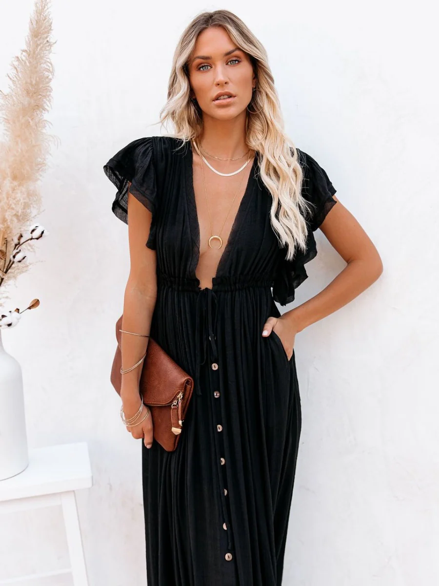 Bamboo-joint Fabric Button Waist Rope Long Cardigan Vacation Beach Jacket Sun Protection Long Skirt Bikini Cover-up - Image 16