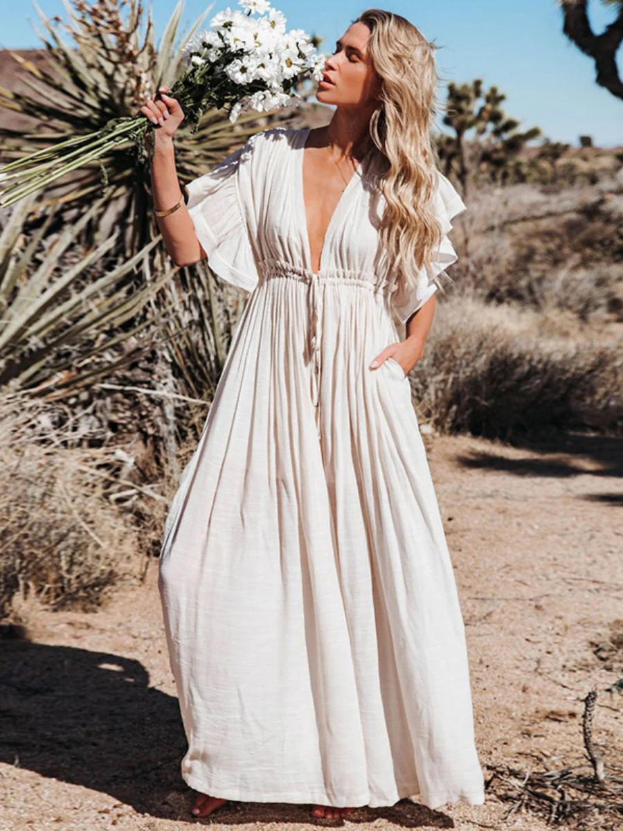 Bamboo-joint Fabric Button Waist Rope Long Cardigan Vacation Beach Jacket Sun Protection Long Skirt Bikini Cover-up - Image 17