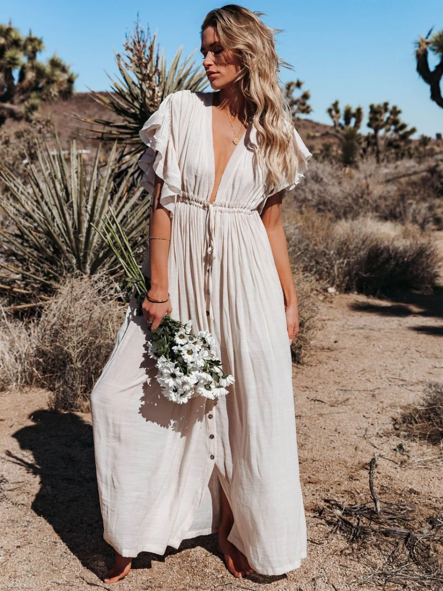 Bamboo-joint Fabric Button Waist Rope Long Cardigan Vacation Beach Jacket Sun Protection Long Skirt Bikini Cover-up - Image 18