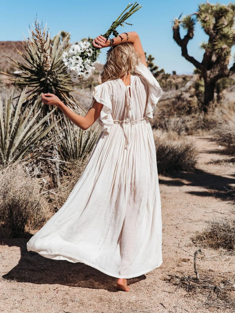 Bamboo-joint Fabric Button Waist Rope Long Cardigan Vacation Beach Jacket Sun Protection Long Skirt Bikini Cover-up - Image 19
