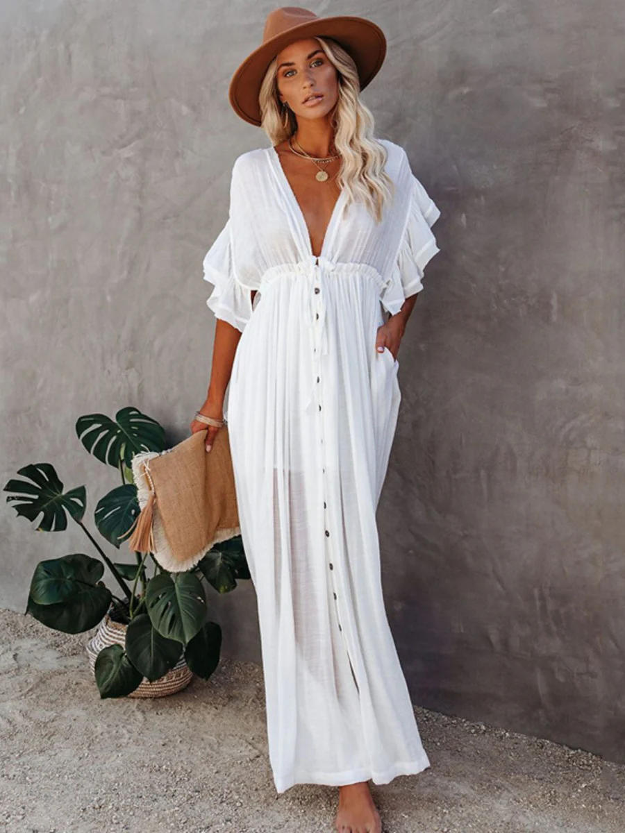 Bamboo-joint Fabric Button Waist Rope Long Cardigan Vacation Beach Jacket Sun Protection Long Skirt Bikini Cover-up - Image 2
