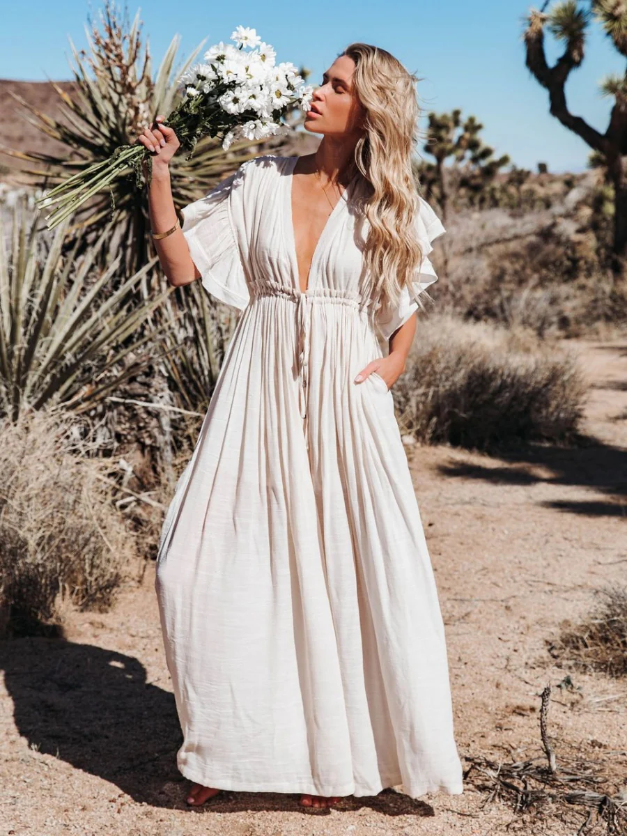 Bamboo-joint Fabric Button Waist Rope Long Cardigan Vacation Beach Jacket Sun Protection Long Skirt Bikini Cover-up - Image 20