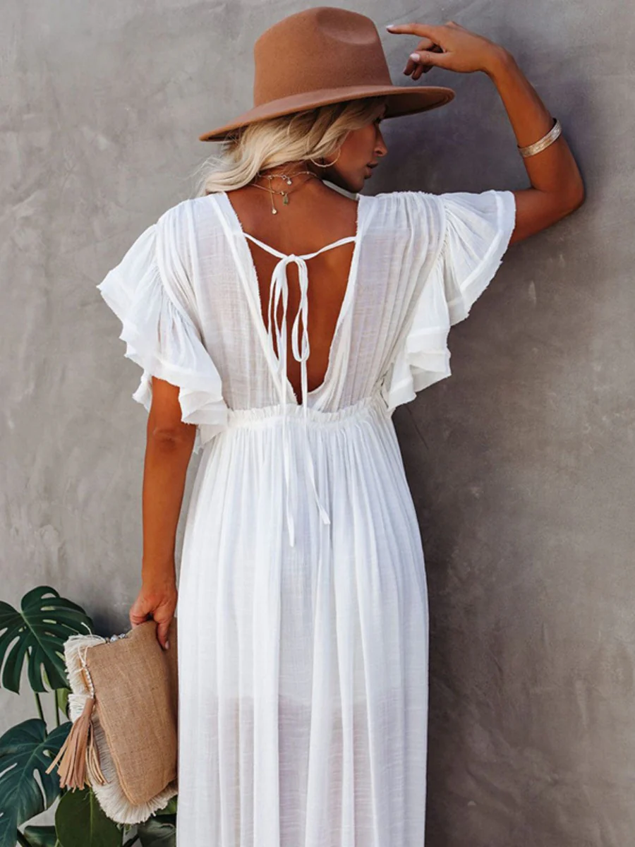 Bamboo-joint Fabric Button Waist Rope Long Cardigan Vacation Beach Jacket Sun Protection Long Skirt Bikini Cover-up - Image 4