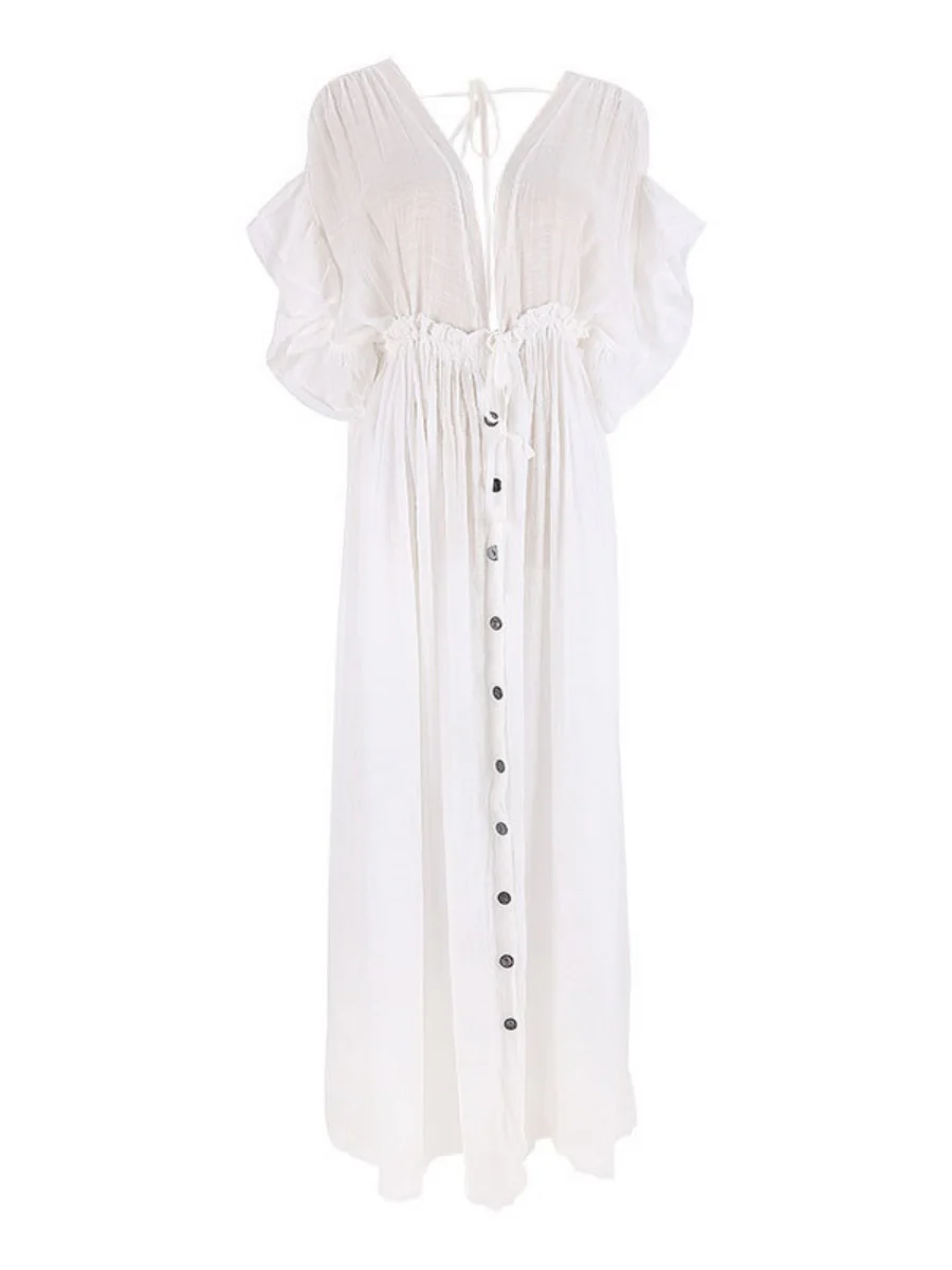 Bamboo-joint Fabric Button Waist Rope Long Cardigan Vacation Beach Jacket Sun Protection Long Skirt Bikini Cover-up - Image 5