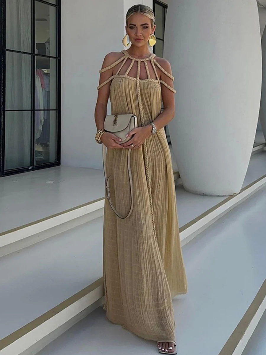 Strappy Off-shoulder Sexy Halter Neck Loose-fitting Vacation Beach Dress - Image 2