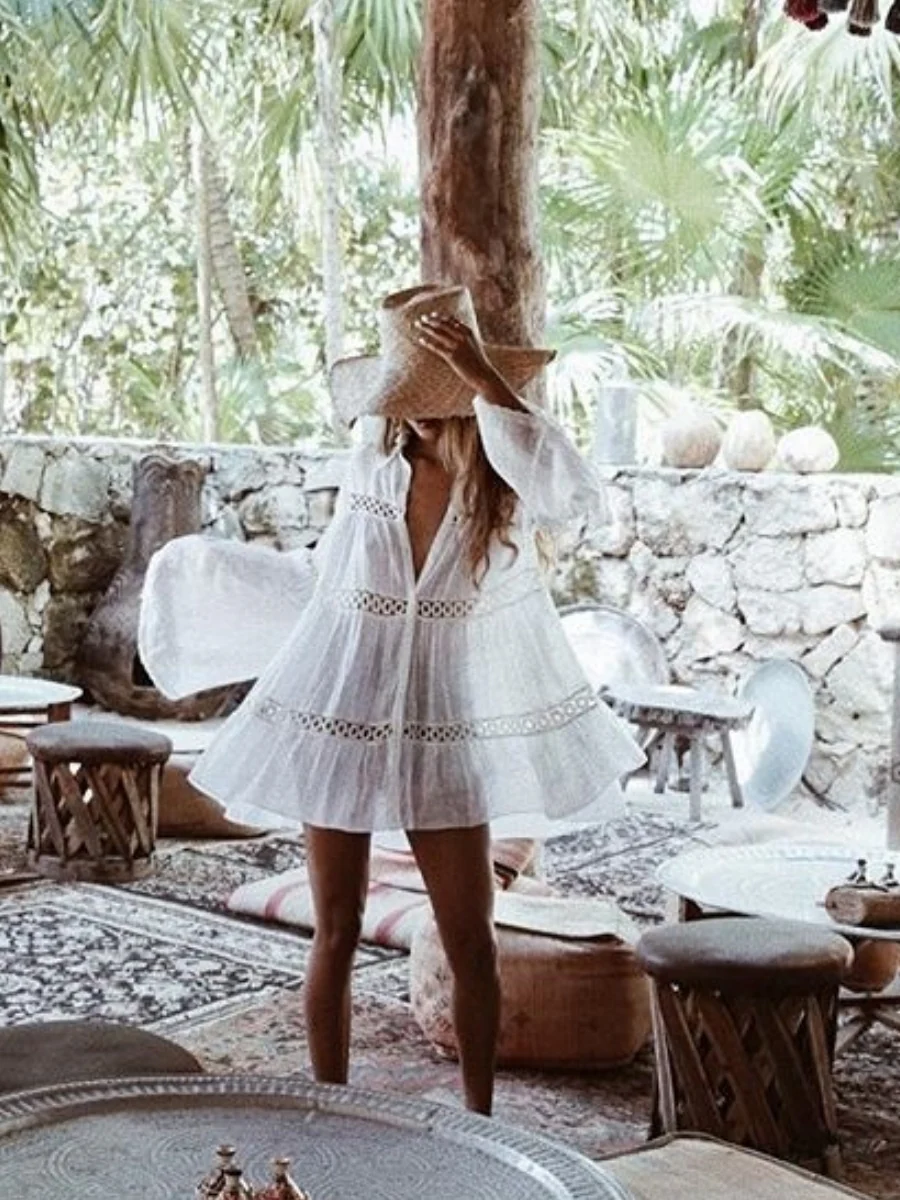 White Cotton Layered Lace-trimmed Shirt-style Flared Sleeve Beach Cover-up, Sun Protection Swimwear Jacket, Women's Cardigan - Image 2