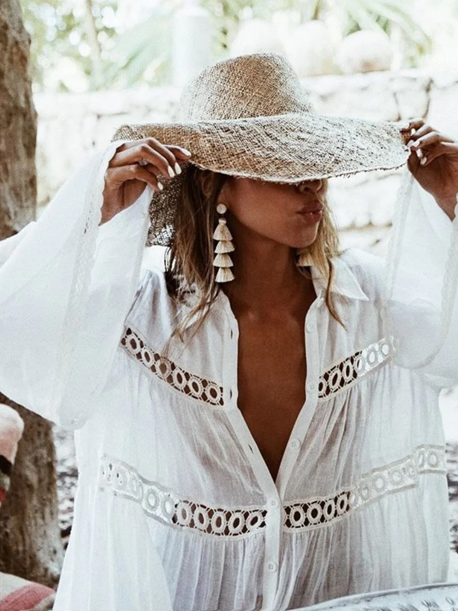 White Cotton Layered Lace-trimmed Shirt-style Flared Sleeve Beach Cover-up, Sun Protection Swimwear Jacket, Women's Cardigan - Image 3