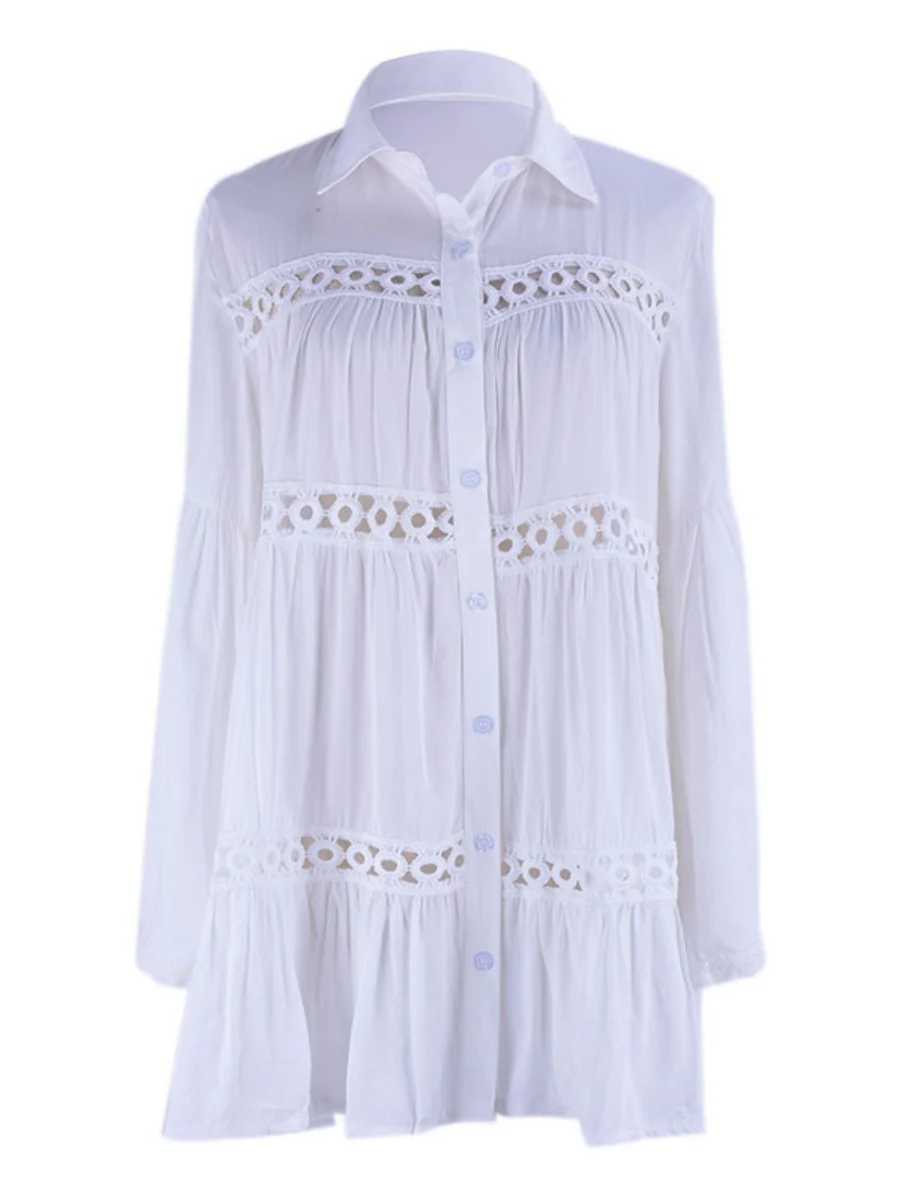 White Cotton Layered Lace-trimmed Shirt-style Flared Sleeve Beach Cover-up, Sun Protection Swimwear Jacket, Women's Cardigan - Image 7