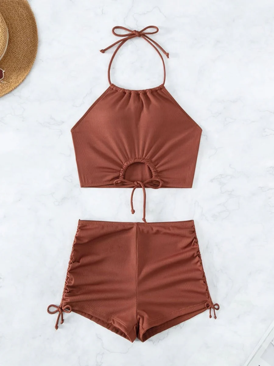 High-waisted Halter Strap Two-piece Flat-angle Sporty Beach Bikini - Image 2