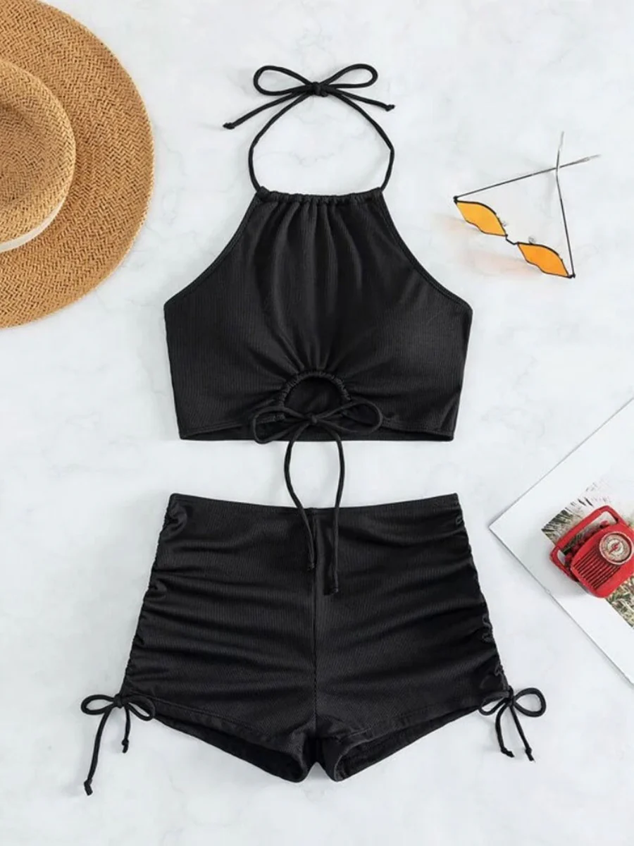 High-waisted Halter Strap Two-piece Flat-angle Sporty Beach Bikini - Image 5