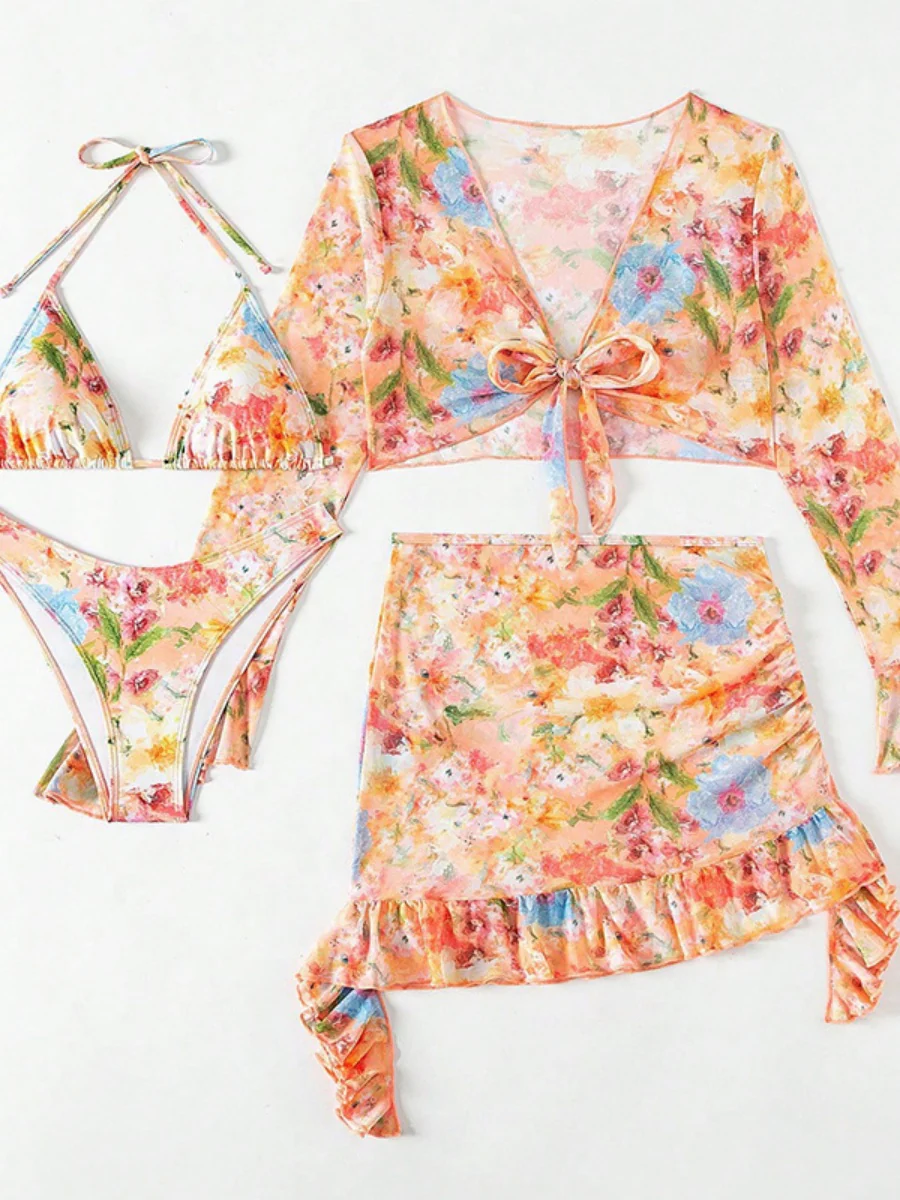 Floral Print Ruffled Bikini Four-Piece Set - Image 3