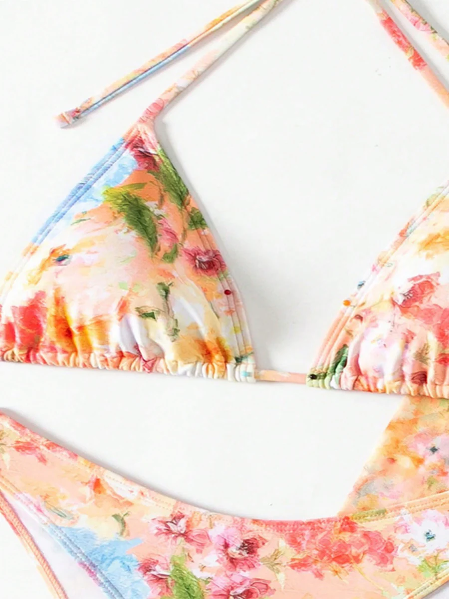 Floral Print Ruffled Bikini Four-Piece Set - Image 4