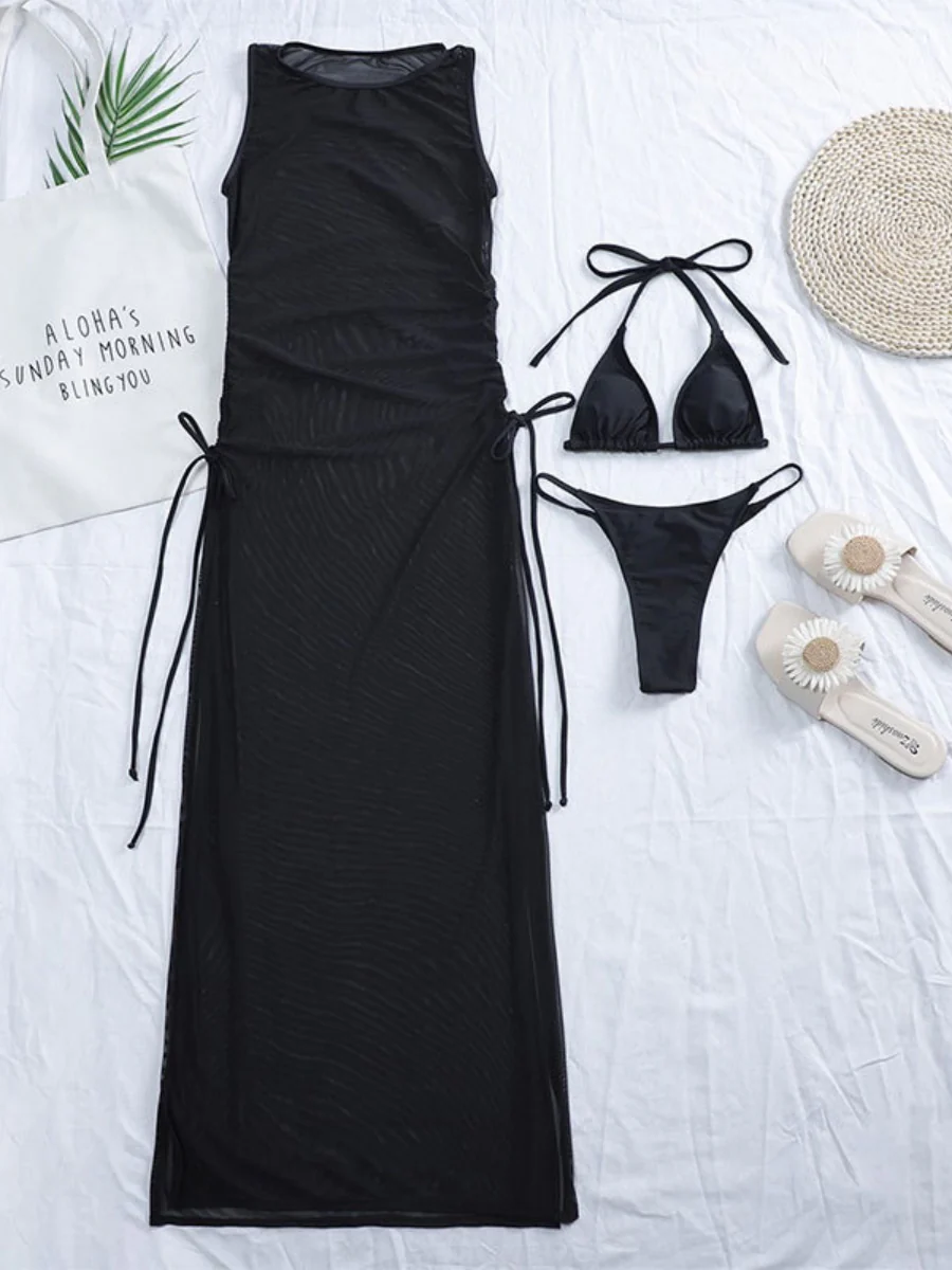 Solid Color Mesh Cover-up Bikini Three-piece Set - Image 2