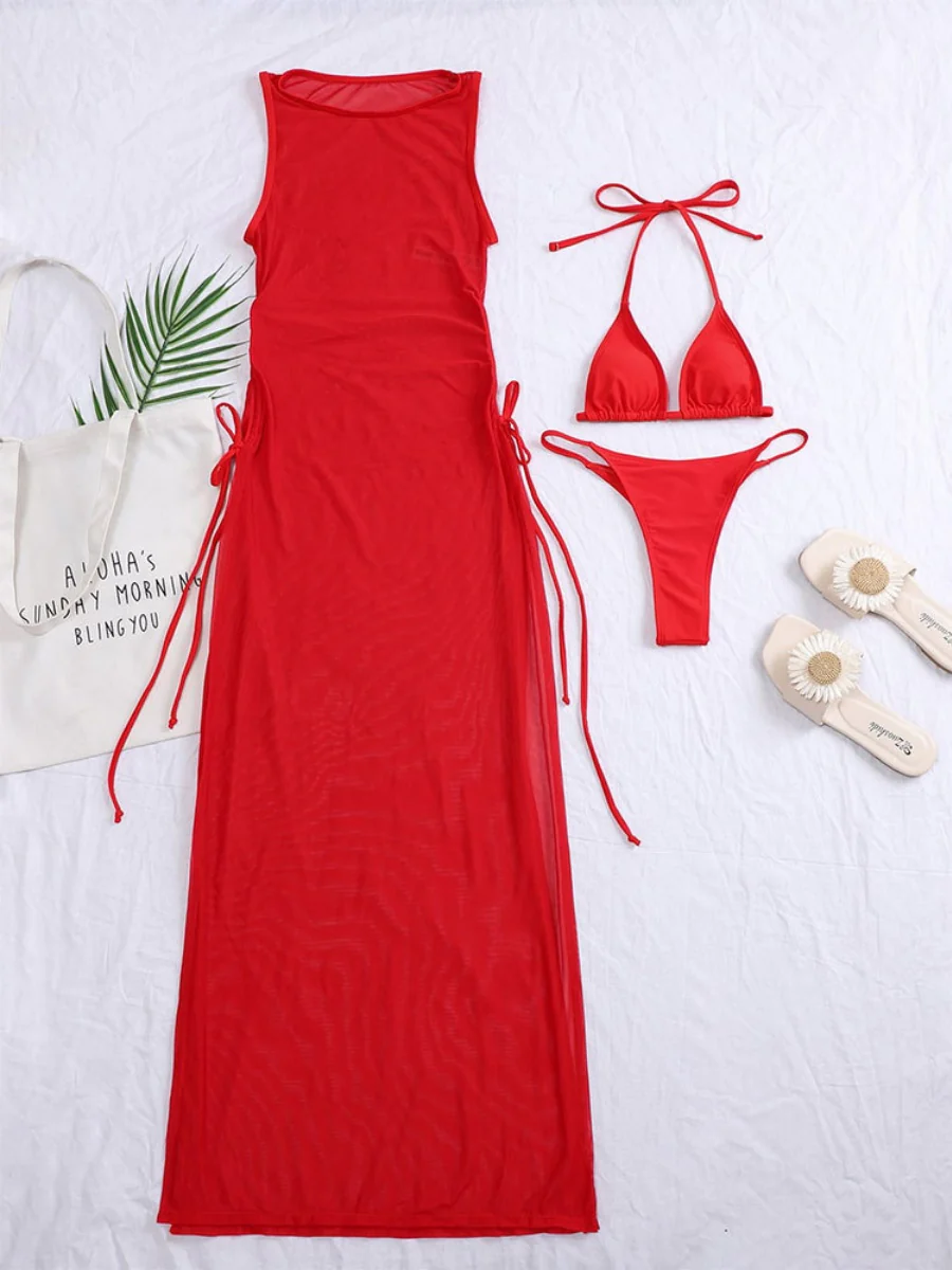 Solid Color Mesh Cover-up Bikini Three-piece Set - Image 6