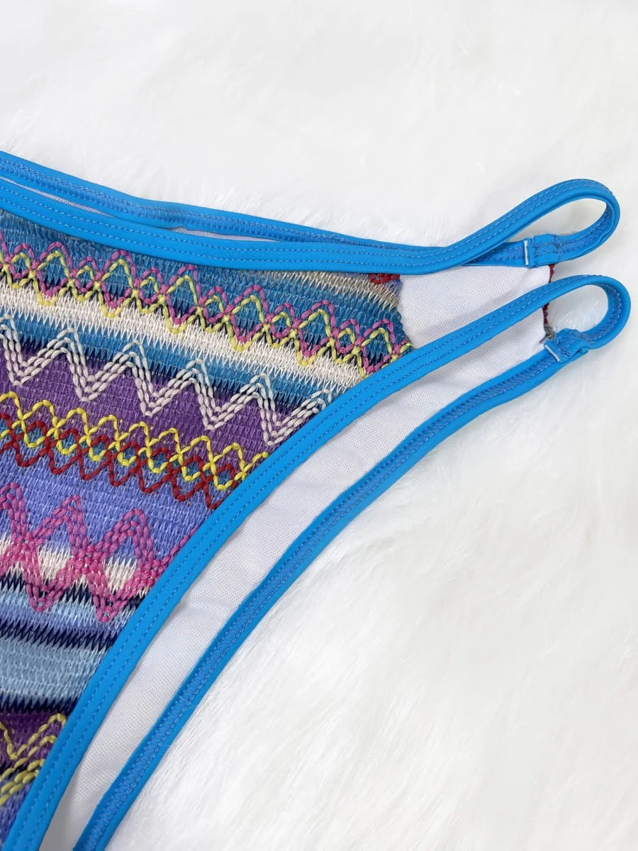 Knitted Color-blocked Striped Tie-up Bikini - Image 10