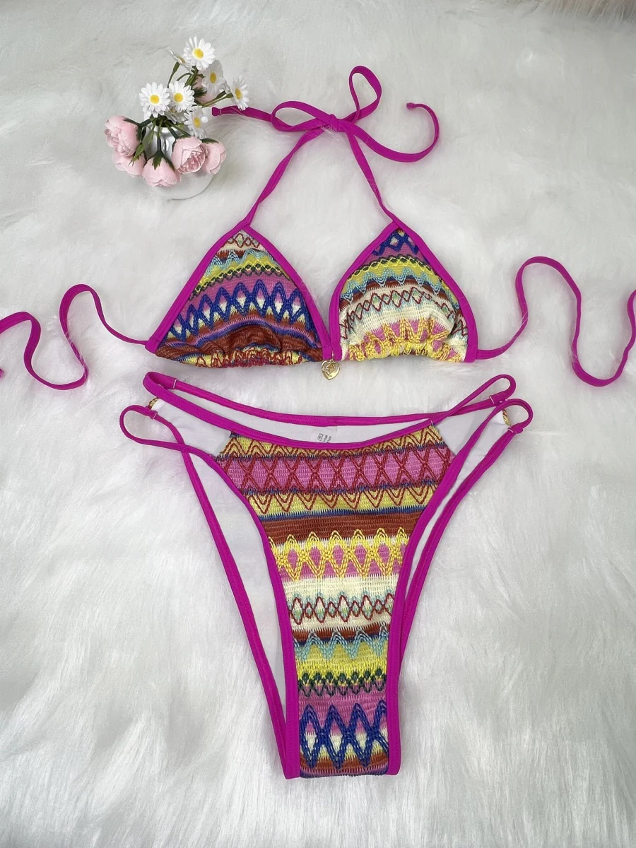 Knitted Color-blocked Striped Tie-up Bikini - Image 12