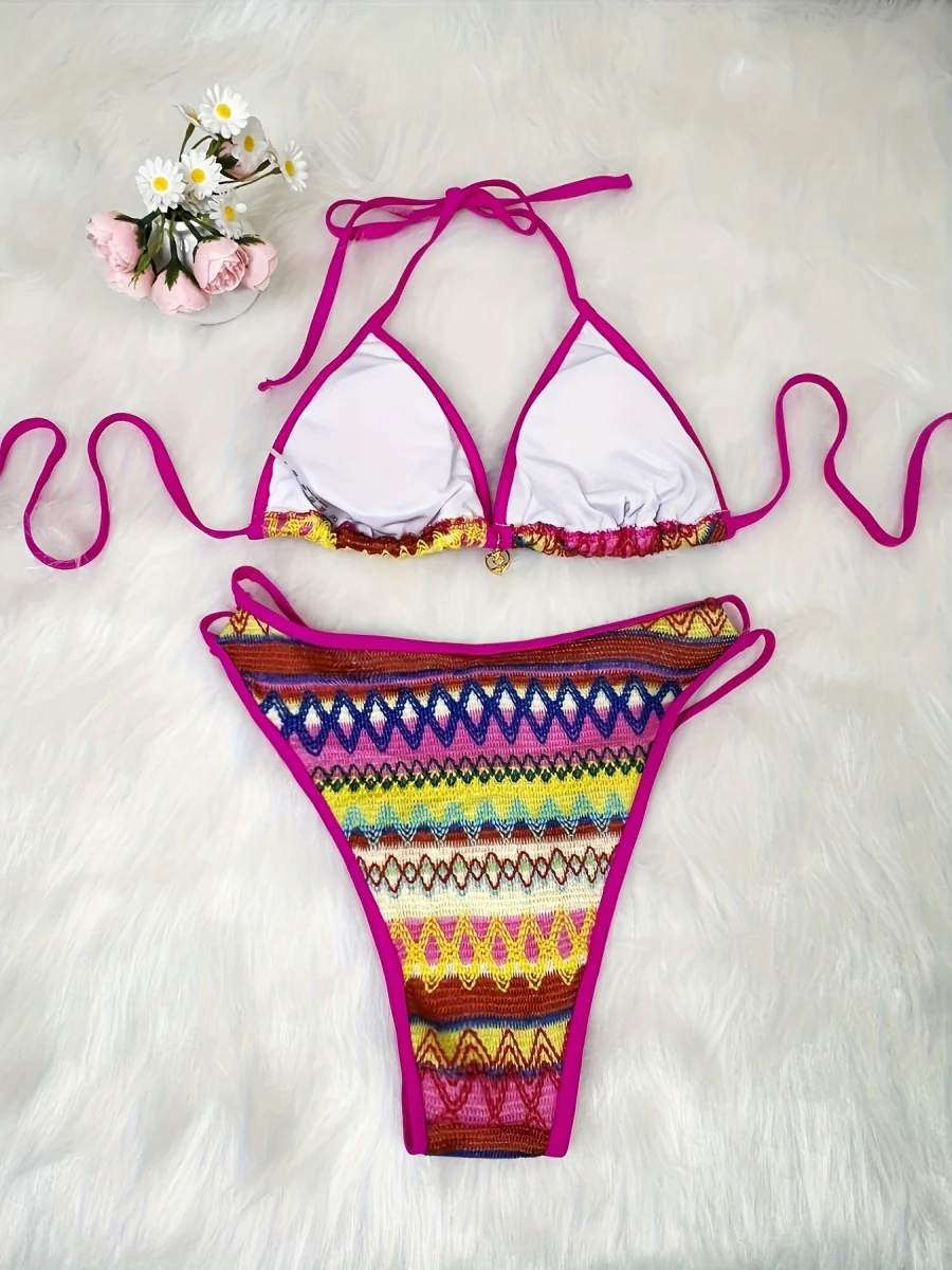 Knitted Color-blocked Striped Tie-up Bikini - Image 13