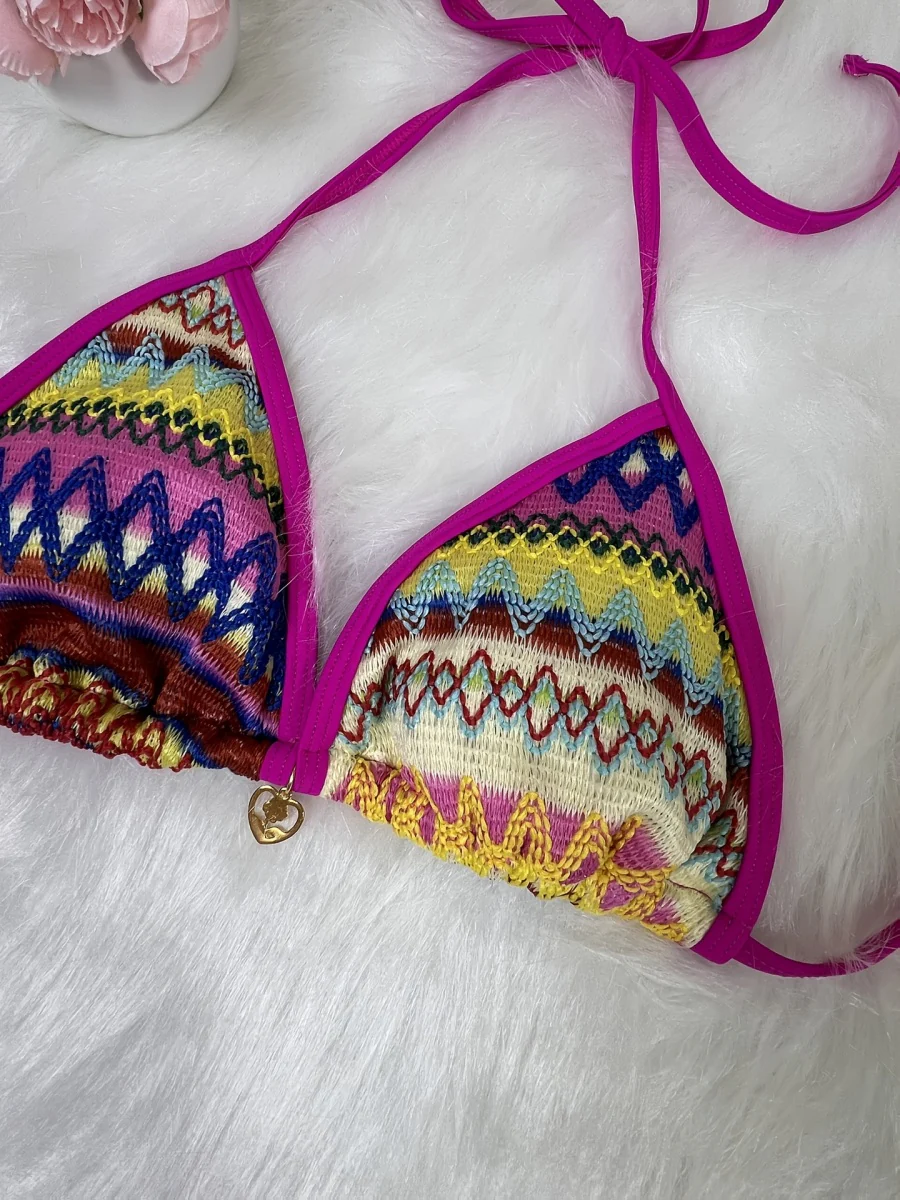 Knitted Color-blocked Striped Tie-up Bikini - Image 14