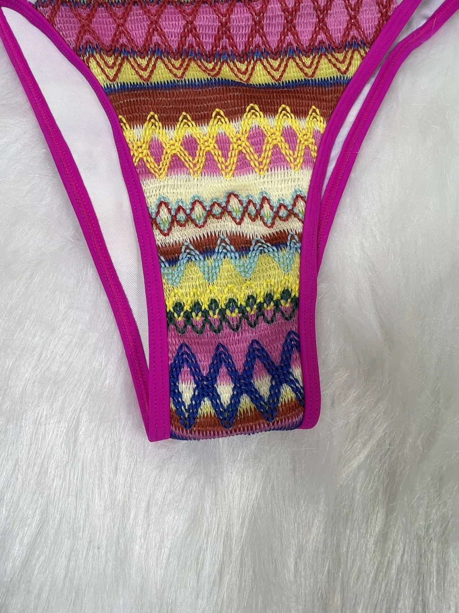 Knitted Color-blocked Striped Tie-up Bikini - Image 15