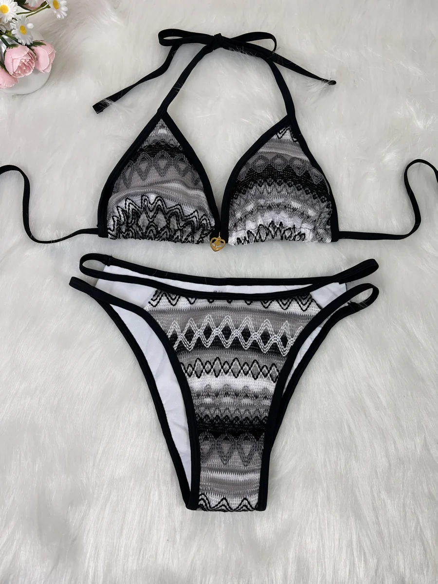 Knitted Color-blocked Striped Tie-up Bikini - Image 17