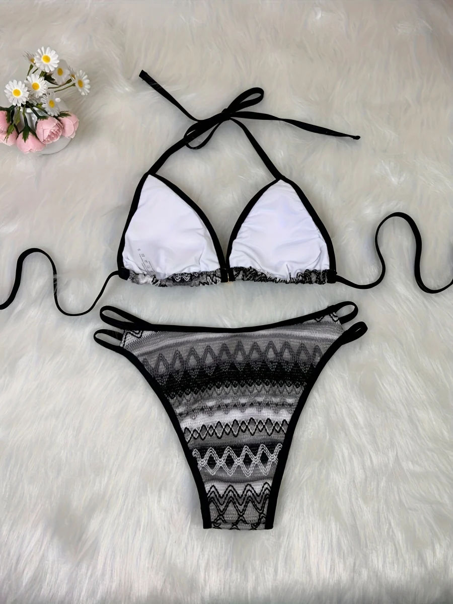 Knitted Color-blocked Striped Tie-up Bikini - Image 18