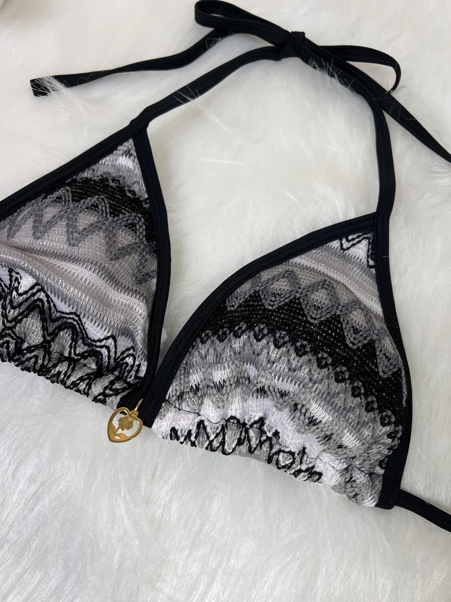 Knitted Color-blocked Striped Tie-up Bikini - Image 19