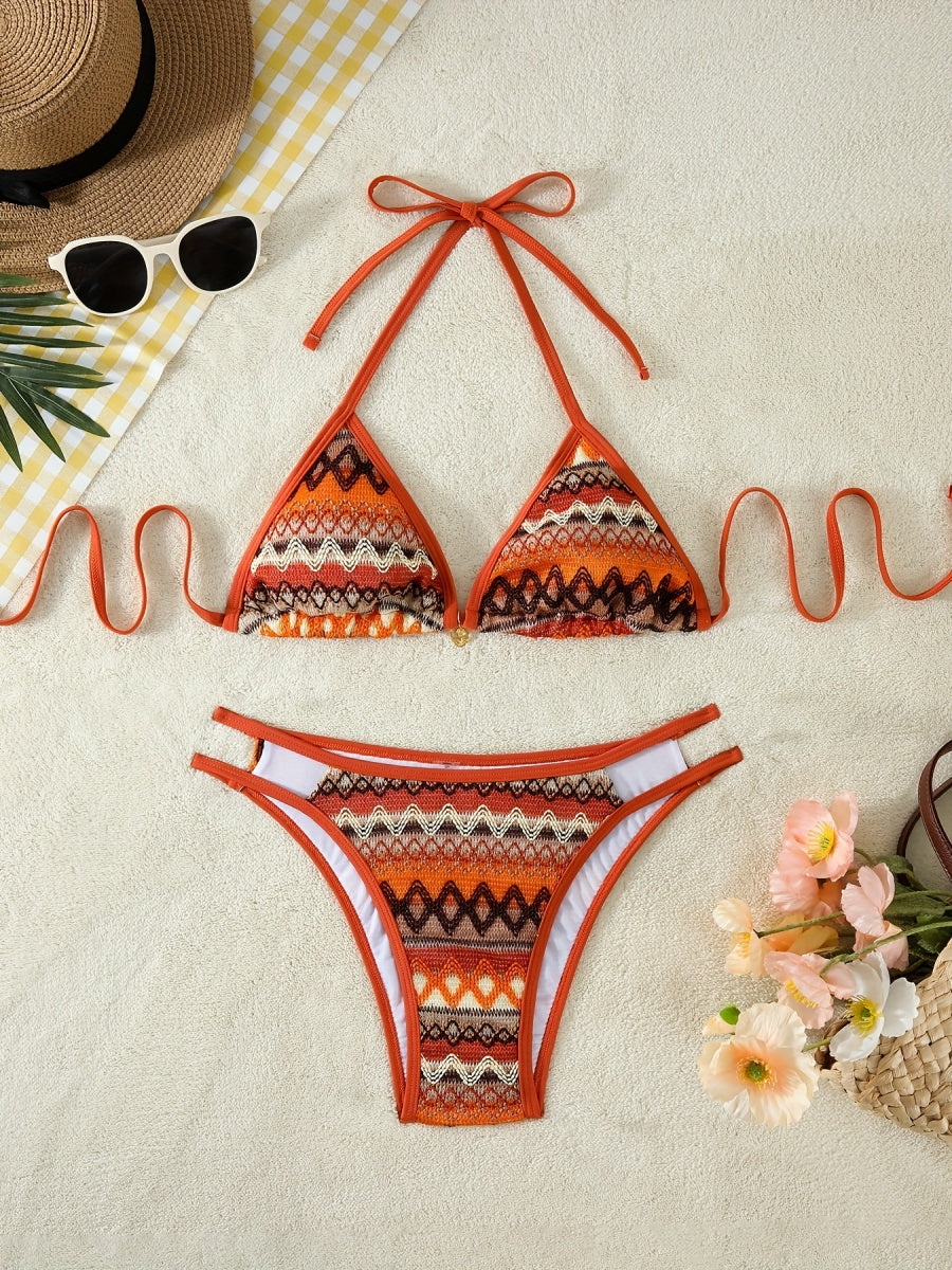 Knitted Color-blocked Striped Tie-up Bikini - Image 2