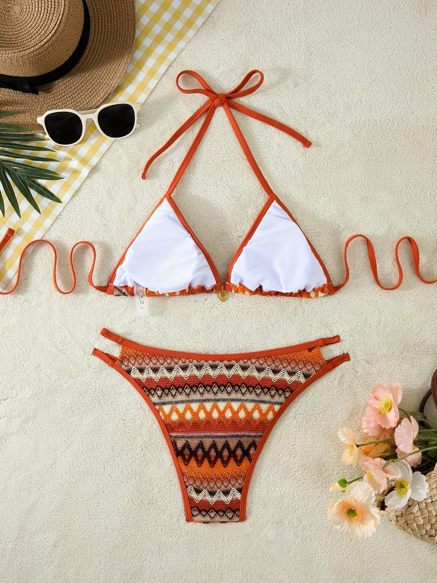 Knitted Color-blocked Striped Tie-up Bikini - Image 3