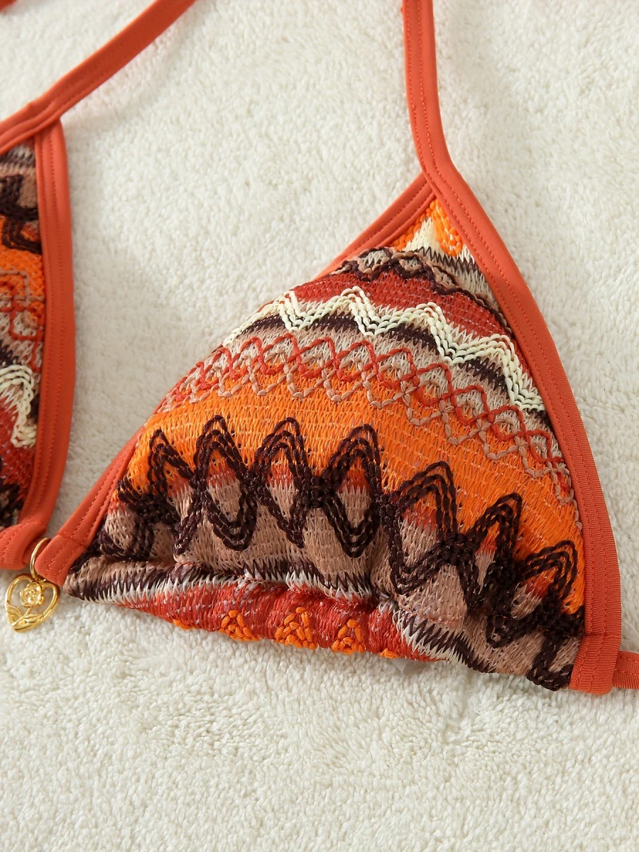 Knitted Color-blocked Striped Tie-up Bikini - Image 5