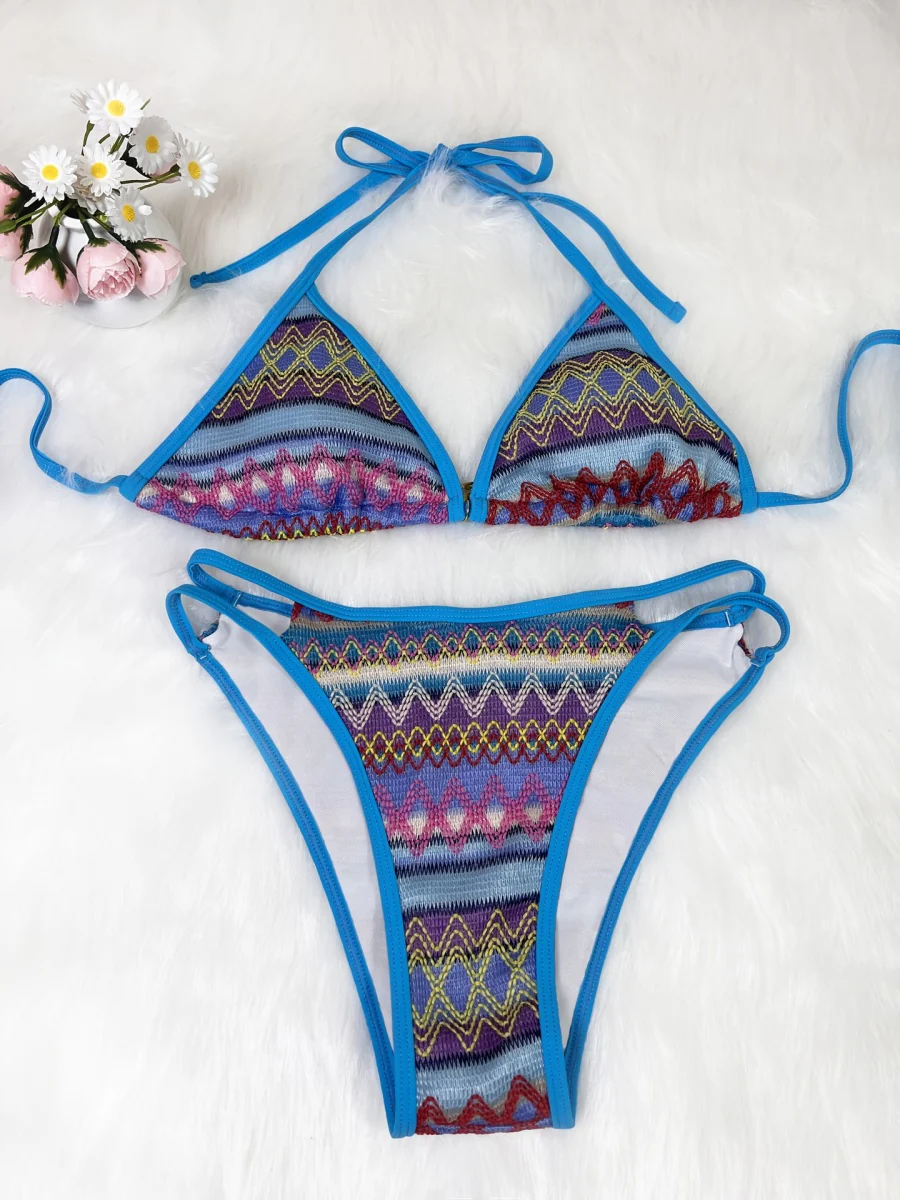 Knitted Color-blocked Striped Tie-up Bikini - Image 7