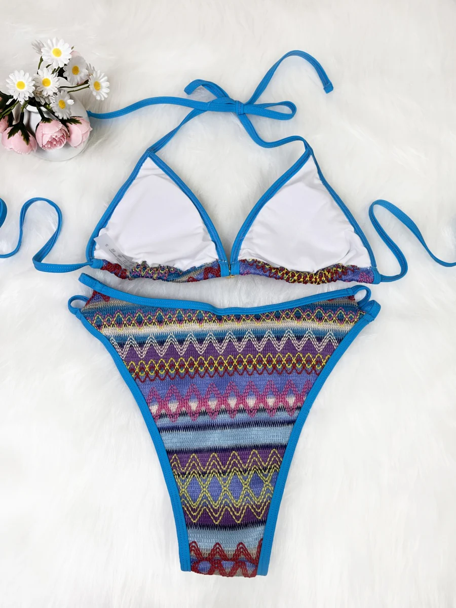 Knitted Color-blocked Striped Tie-up Bikini - Image 8