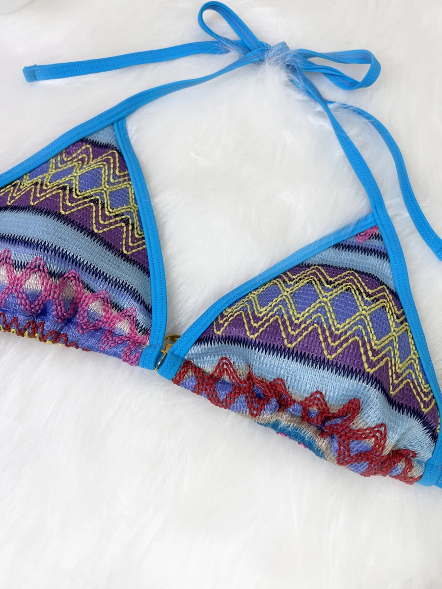 Knitted Color-blocked Striped Tie-up Bikini - Image 9