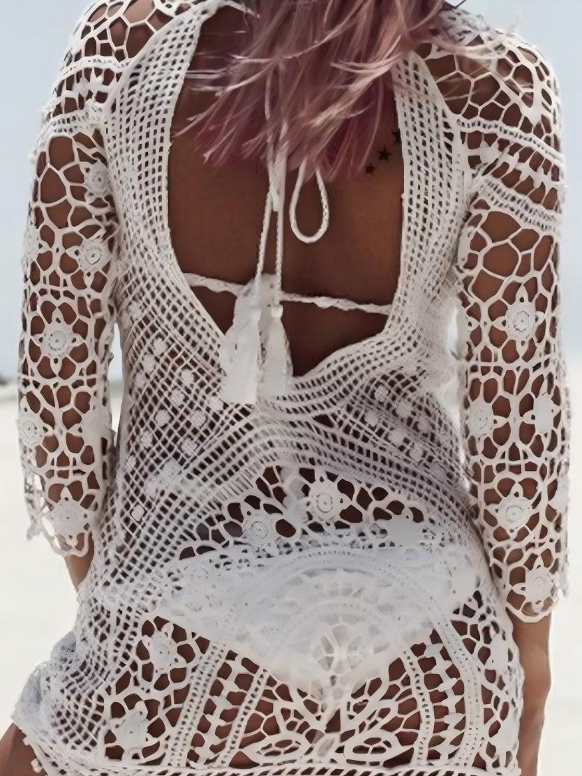 Openwork Lace Crochet Backless Beachwear - Image 5