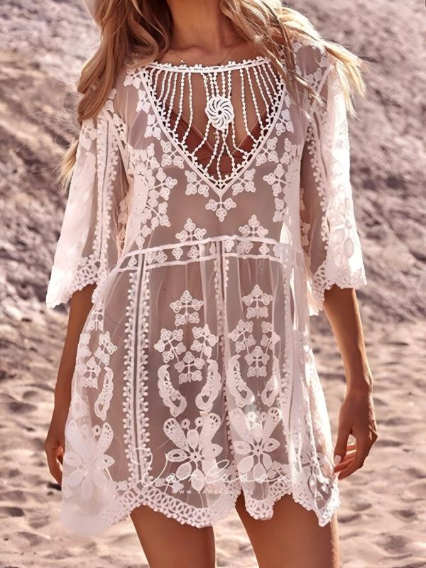 Hollow-out Lace Cover-up With Three-quarter Sleeves - Sexy Beachwear