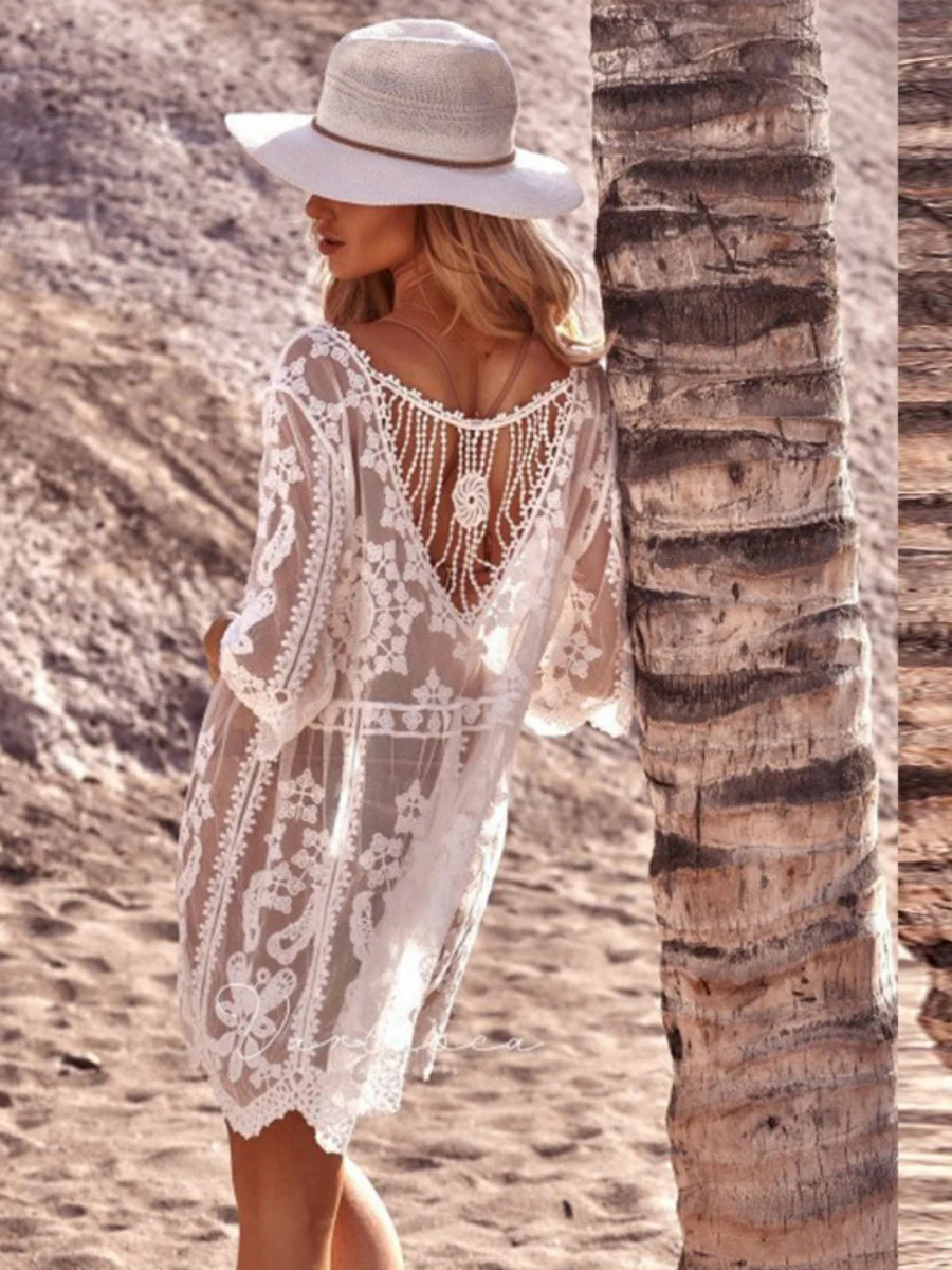 Hollow-out Lace Cover-up With Three-quarter Sleeves - Sexy Beachwear - Image 2