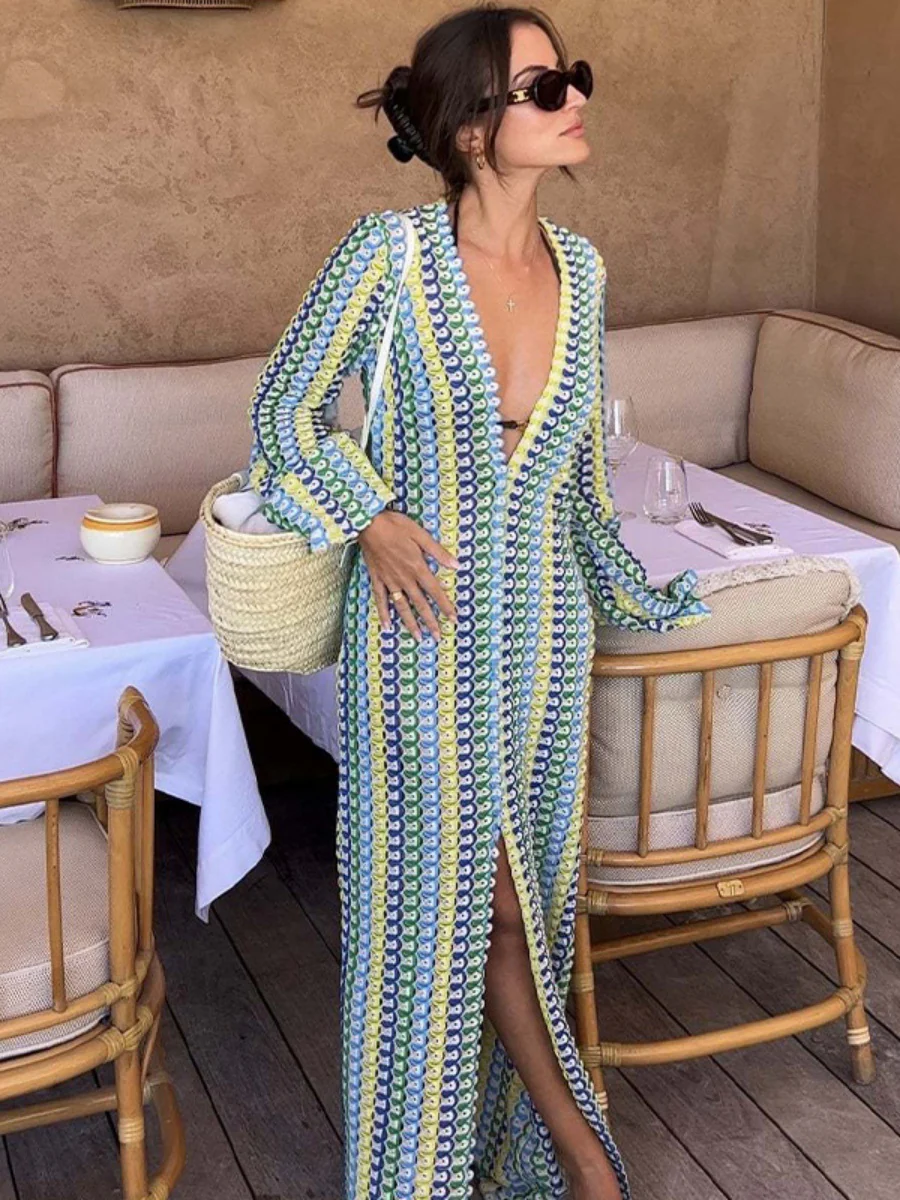 V-neck With Cutout Geometric Pattern Slit Beachwear