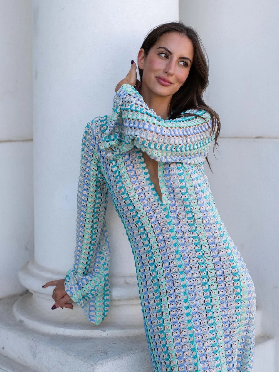 V-neck With Cutout Geometric Pattern Slit Beachwear - Image 12