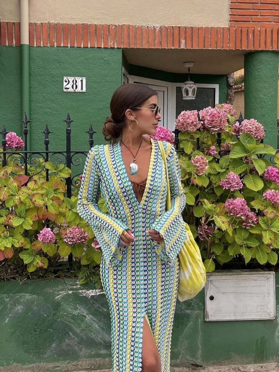 V-neck With Cutout Geometric Pattern Slit Beachwear - Image 3