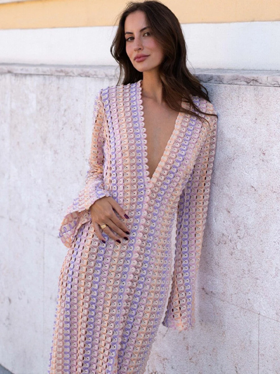 V-neck With Cutout Geometric Pattern Slit Beachwear - Image 6