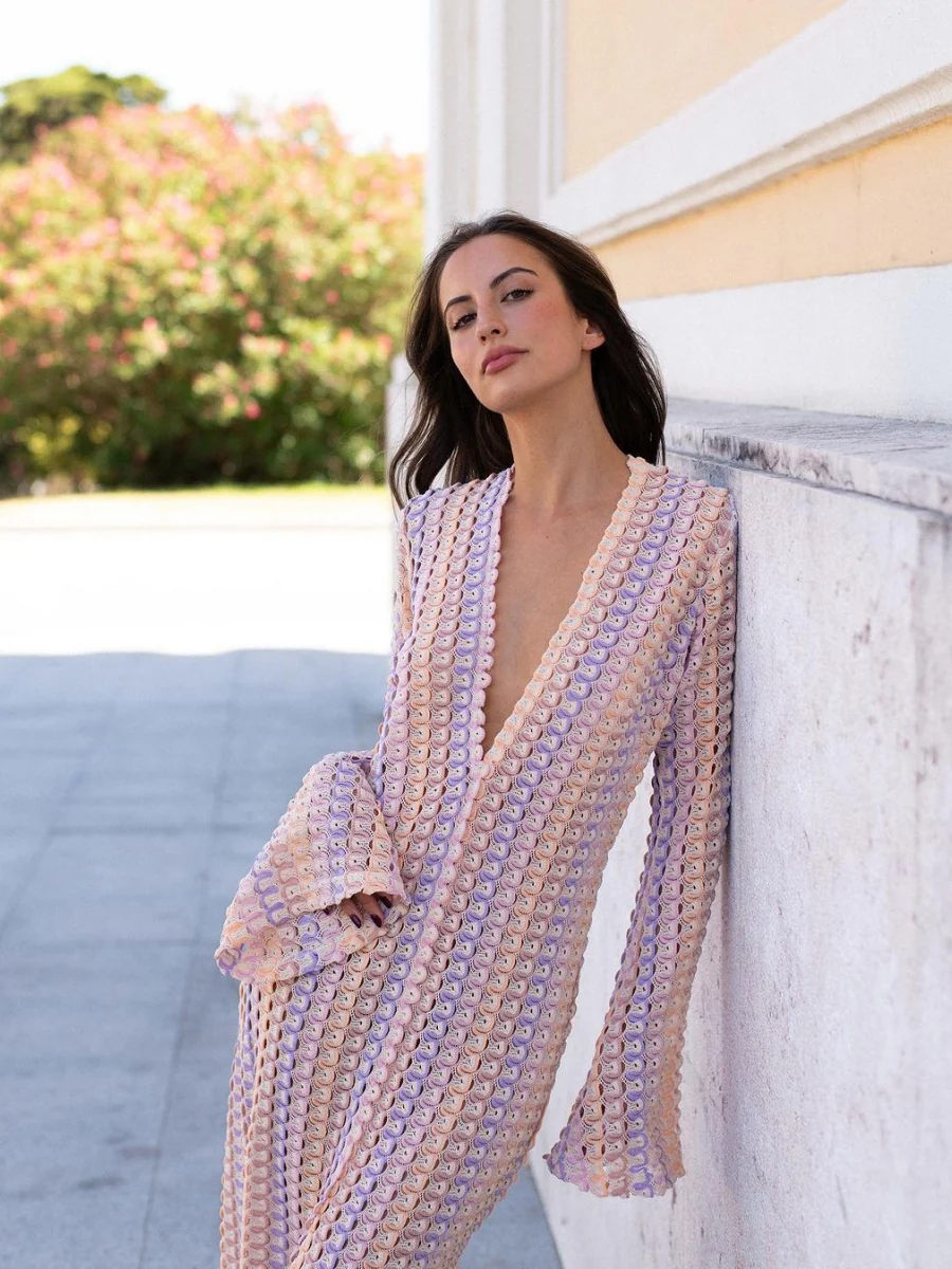 V-neck With Cutout Geometric Pattern Slit Beachwear - Image 7