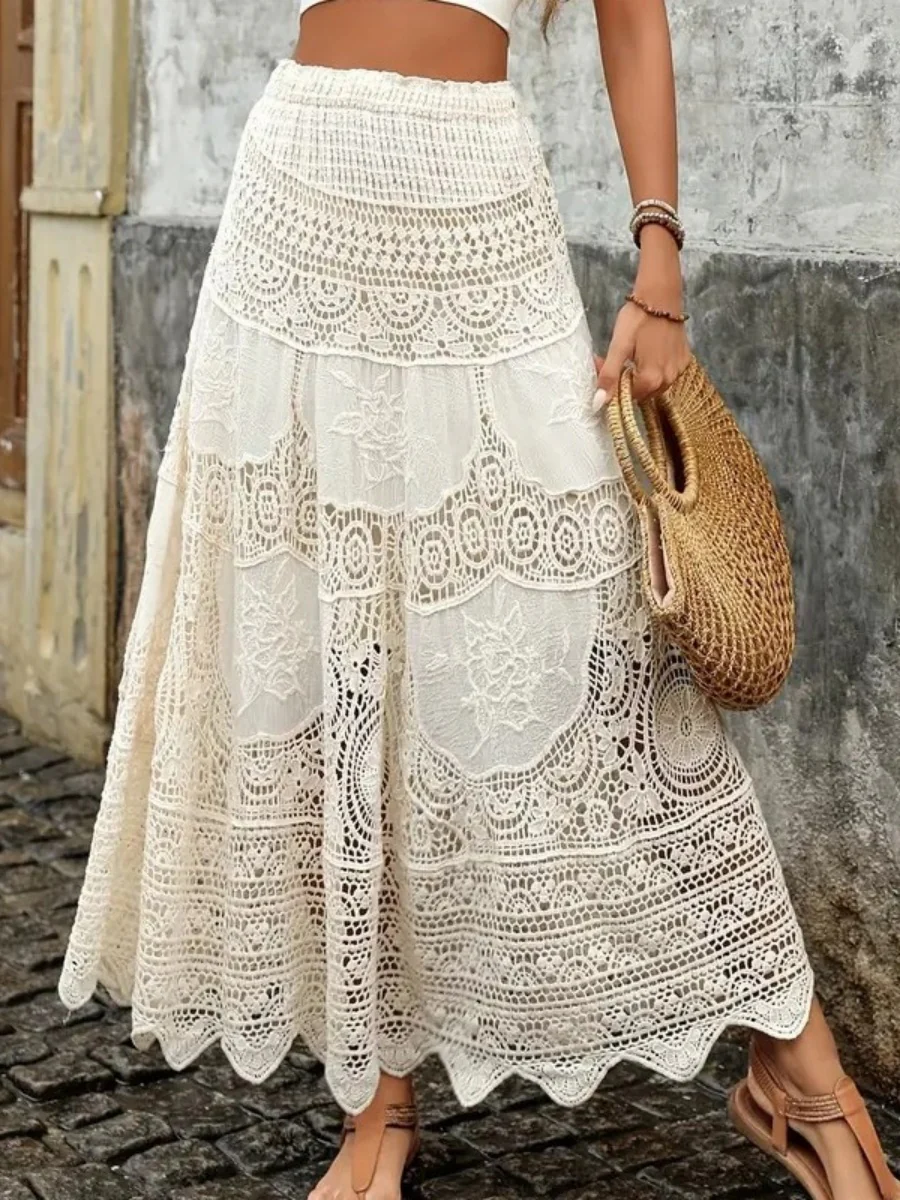 Crocheted Openwork Beach Skirt A-line Midi Skirt Beachwear