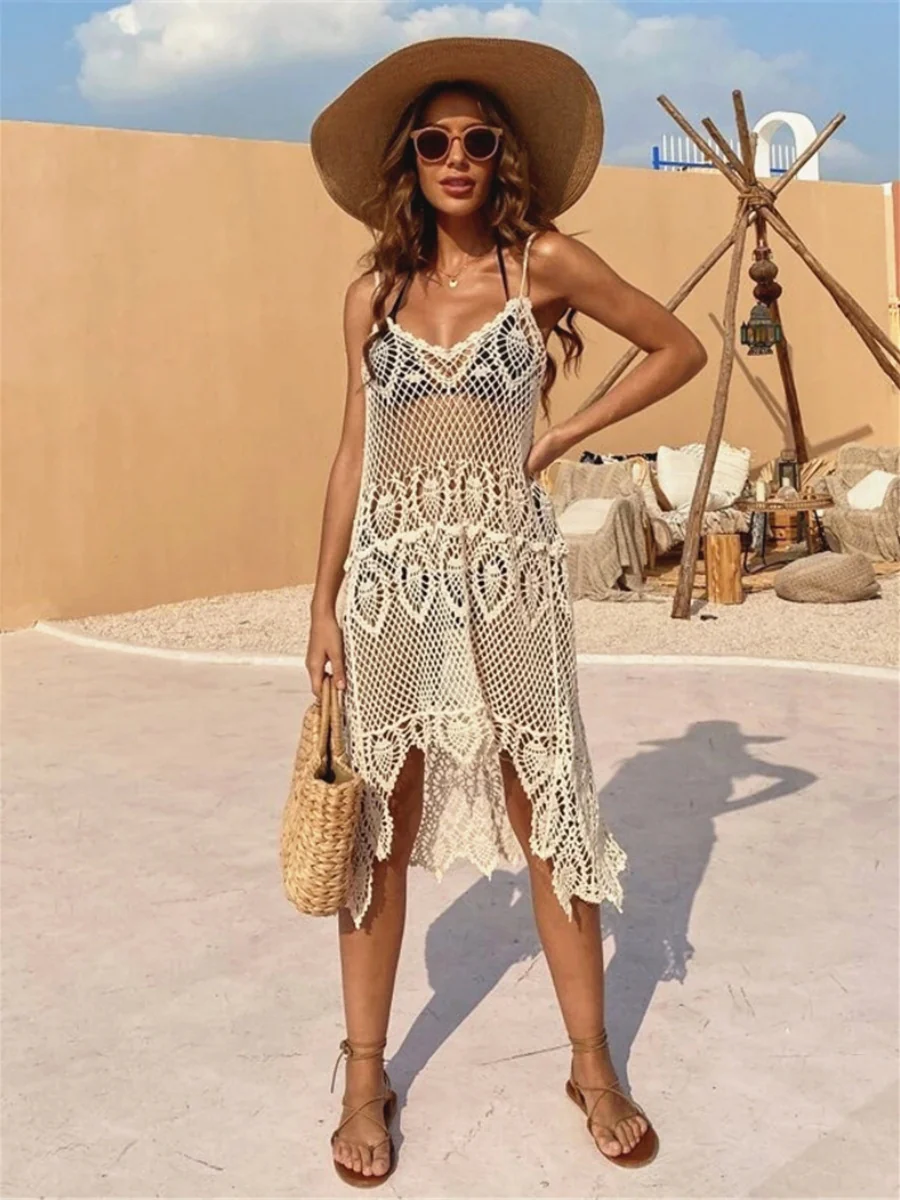 Openwork Crochet Beach Dress, Vacation Style, Short In The Front And Long In The Back, Swallowtail Beach Cover-up - Image 6