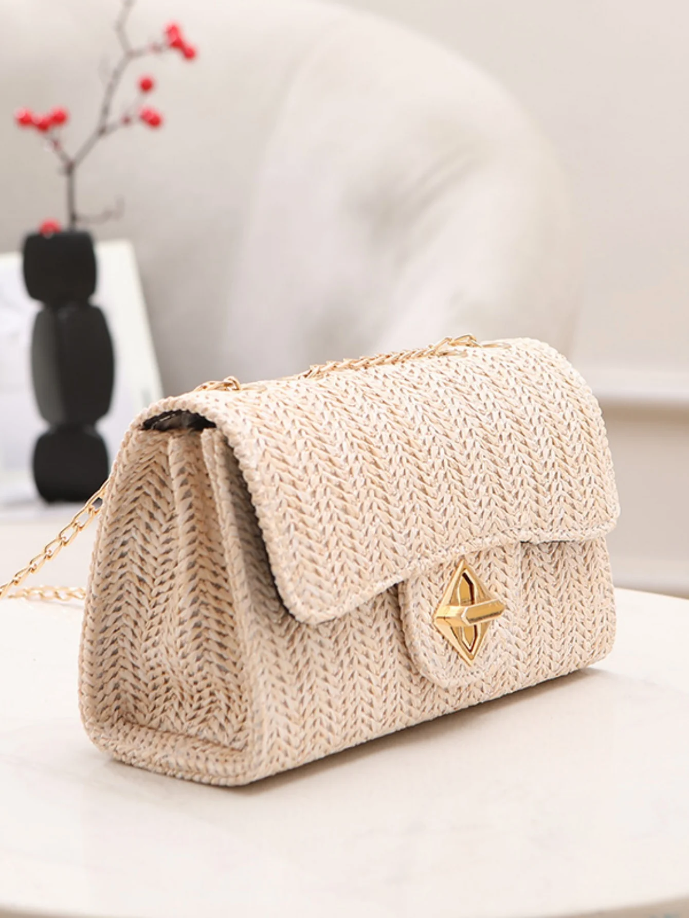 Solid Color Straw Crossbody Bag For Vacation - Image 14