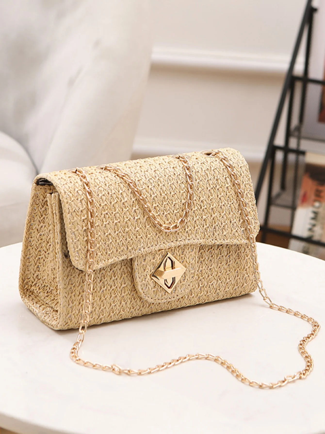 Solid Color Straw Crossbody Bag For Vacation - Image 3