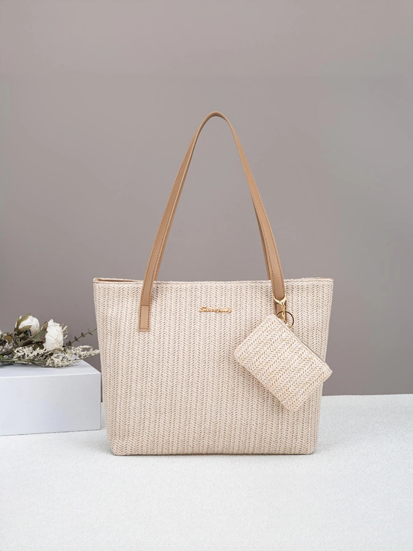 Solid Color Vacation Straw Tote Bag - Image 2