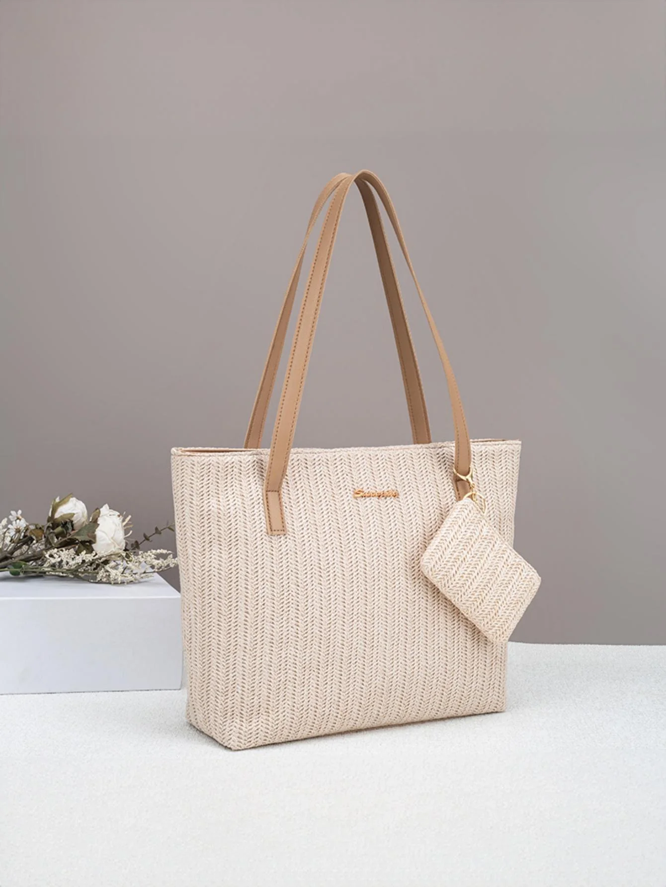 Solid Color Vacation Straw Tote Bag - Image 3