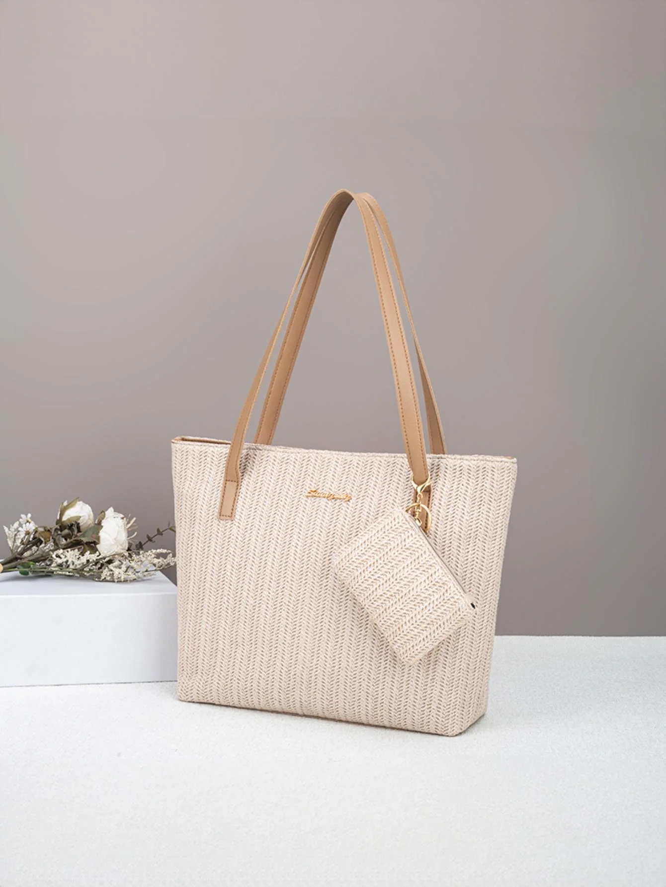 Solid Color Vacation Straw Tote Bag - Image 4