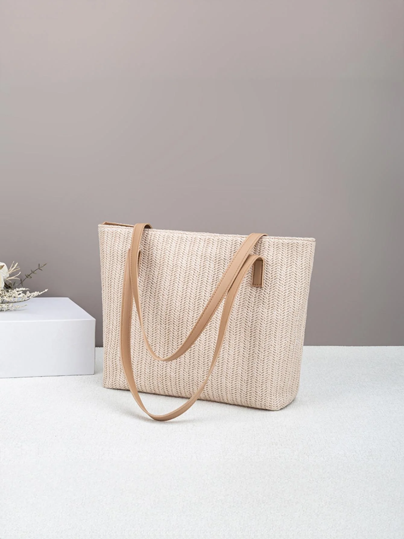 Solid Color Vacation Straw Tote Bag - Image 5